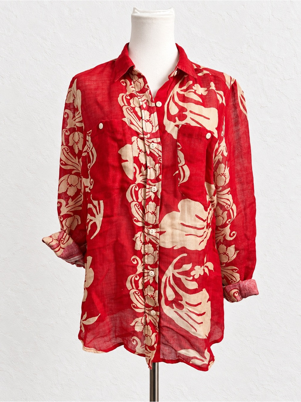 Ralph Lauren Linen Blend Red Floral Button Up Shirt Tropical M